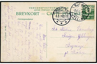 5 øre Bølgelinie på brevkort annulleret med brotype Ia Bjerge Jylland d. 5.5.1914 via Horsens til Brejninge pr. Børkop. Brevsamlingssted - senere postekspedition i Bjerge Jylland blev nedlagt 1924.