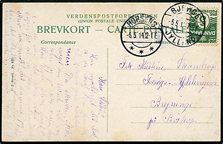 5 øre Bølgelinie på brevkort annulleret med brotype Ia Bjerge Jylland d. 5.5.1914 via Horsens til Brejninge pr. Børkop. Brevsamlingssted - senere postekspedition i Bjerge Jylland blev nedlagt 1924.