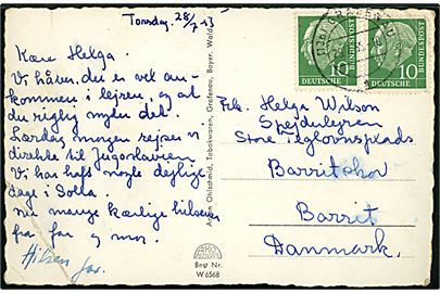 Tysk 10 pfg. (2) på brevkort fra Grafenau d. 29.7.1955 til pigespejder i Spejderlejren Store Teglovnsplads, Barritskov pr. Barrit, Danmark.