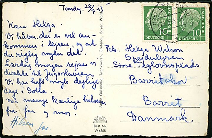 Tysk 10 pfg. (2) på brevkort fra Grafenau d. 29.7.1955 til pigespejder i Spejderlejren Store Teglovnsplads, Barritskov pr. Barrit, Danmark.