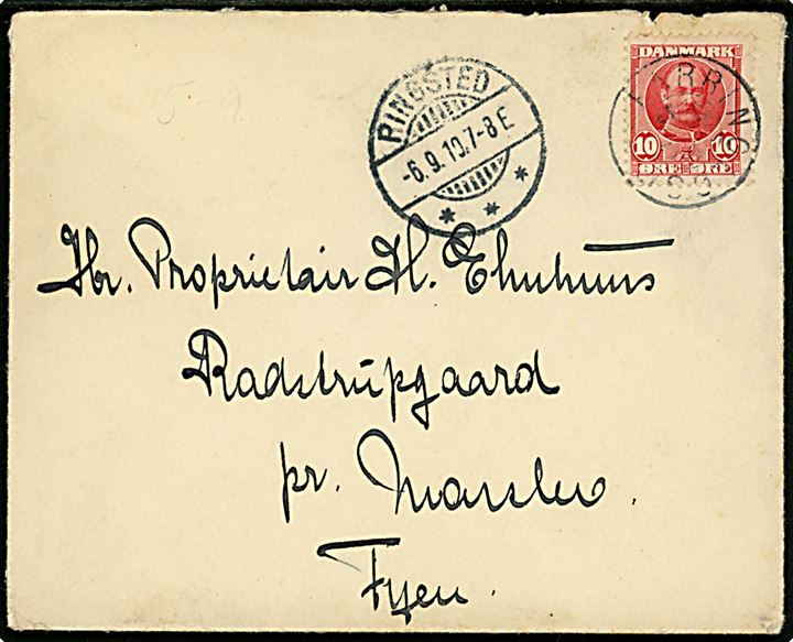 10 øre Fr. VIII på brev annulleret med stjernestempel FARRINGLØSE og sidestemplet Ringsted d. 6.9.1910 til Marslev på Fyn.
