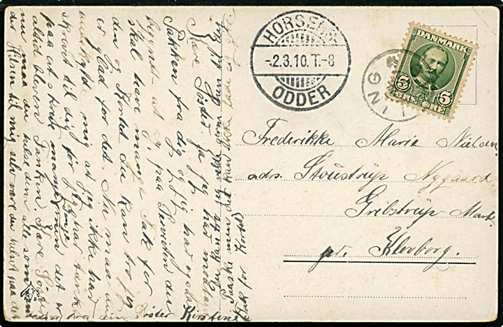 5 øre Fr. VIII på brevkort annulleret med stjernestempel GYLLING og sidestemplet bureau Horsens - Odder T.8 d. 2.3.1910 til Klovborg.