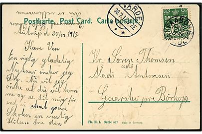 5 øre Bølgelinie på brevkort annulleret med stjernestempel FAABORG (VARDE) og sidestemplet Varde d. 30.12.1912 til Børkop.