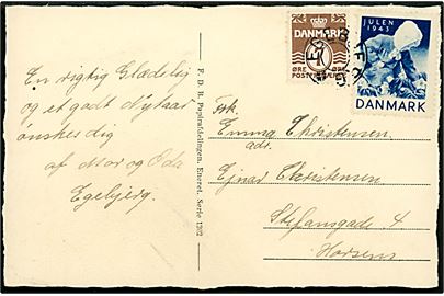 7 øre Bølgelinie og Julemærke 1943 på lokalt julekort annulleret med udslebet stjernestempel EGEBJERG til Horsens.