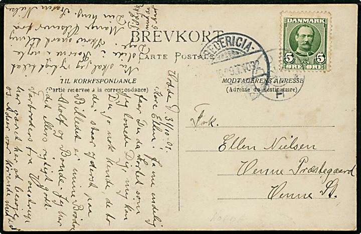 5 øre Fr. VIII på brevkort annulleret med stjernestempel HODDE og sidestemplet bureau Fredericia - Struer T.1032 d. 31.10.1909 til Henne Præstegaard pr. Henne St.
