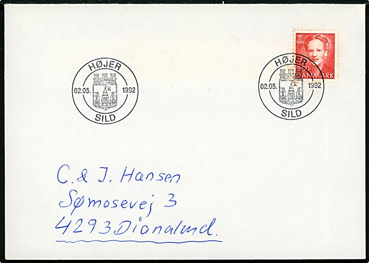 3,50 kr. Margrethe på brev annulleret med særstempel Højer Sild d. 2.5.1992 til Dianalund.