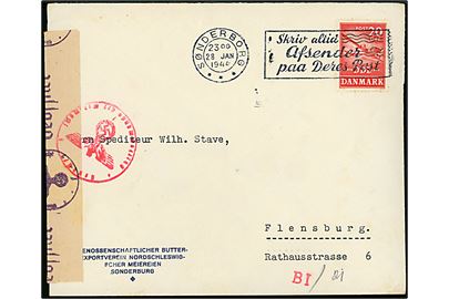 20 øre DDL på brev Sønderborg d. 28.1.1944 til Flensburg, Tyskland. Åbnet af tysk censur i Hamburg.