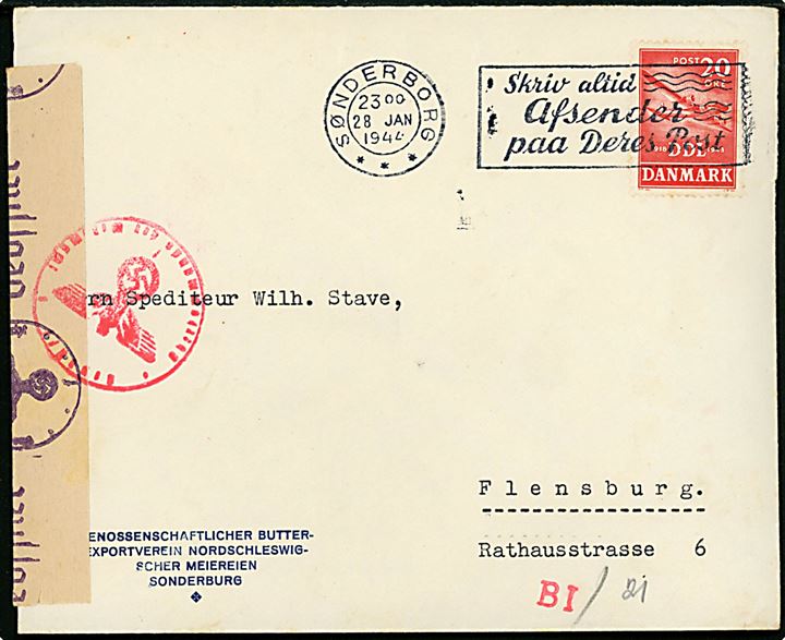 20 øre DDL på brev Sønderborg d. 28.1.1944 til Flensburg, Tyskland. Åbnet af tysk censur i Hamburg.