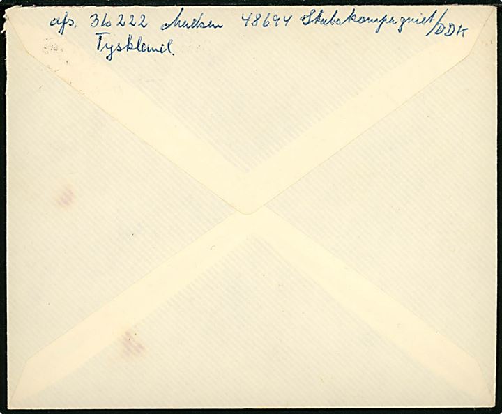 30 øre Fr. IX på fortrykt kuvert fra Det grundvigske Soldaterarbejde annulleret Det danske Kommando / * i Tyskland * d. 29.10.1957 til København.