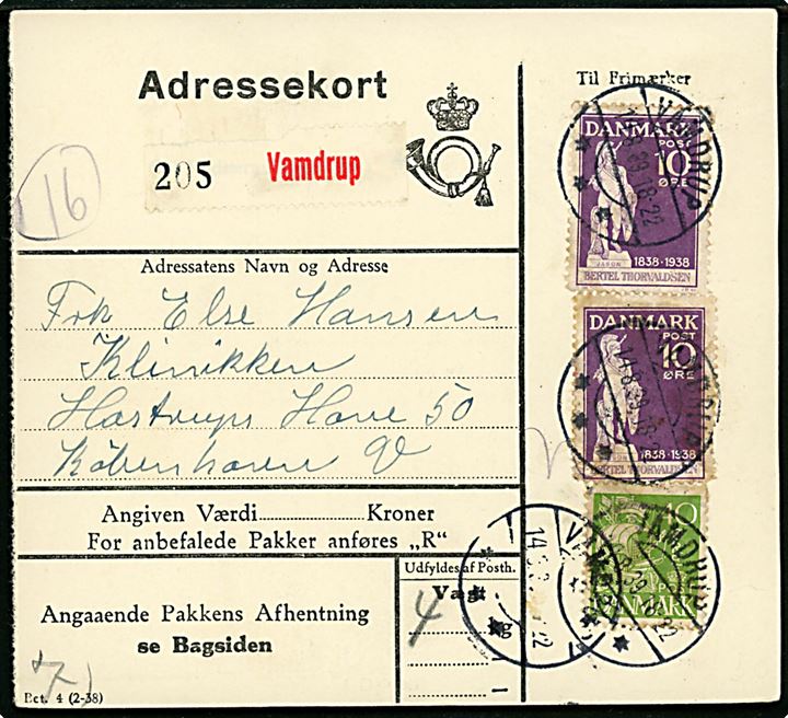 10 øre Thorvaldsen (2) og 40 Karavel på adressekort for pakke fra Vamdrup d. 14.8.1939 til København. Skjoldet.