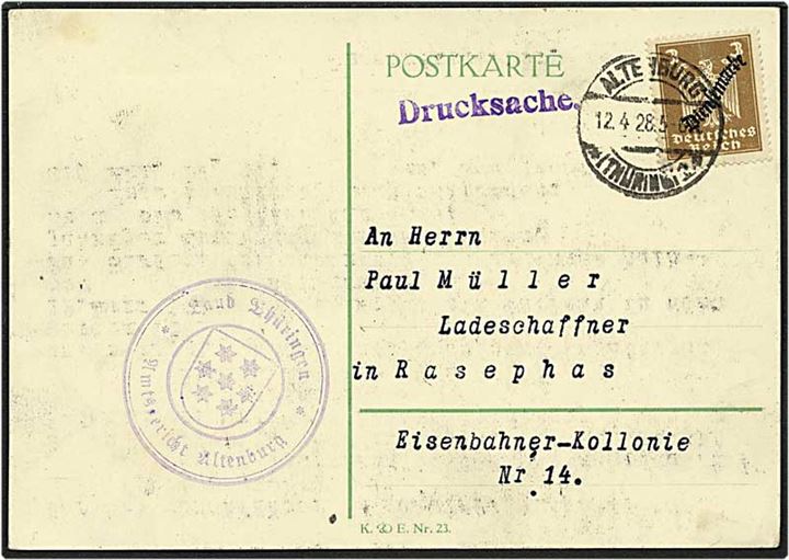 3 pf. ørn med overtryk Dienstmarke, singel på lokalt tryksagskort, sendt i Altenburg d. 12.4.1928.