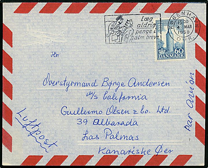 60 øre 1000 års udg. på luftpostbrev fra København d. 4.3.1958 til overstyrmand ombord på DFDS skibet M/S California i Las Palmas på de Kanariske Øer.