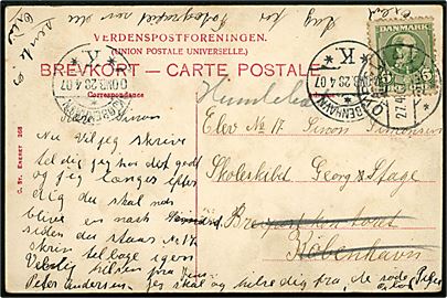 5 øre Chr. IX på brevkort stemplet Oxbøl d. 27.4.1907 til elev ombord på skoleskibet Georg Stage via Brevpostkontoret, København - eftersendt til skibets station i Humlebæk.