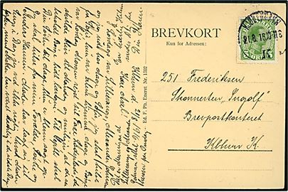 5 øre Chr. X på brevkort fra Kjøbenhavn d. 21.8.1916 til orlogs skonnerten Ingolf via Brevpostkontoret, København K.