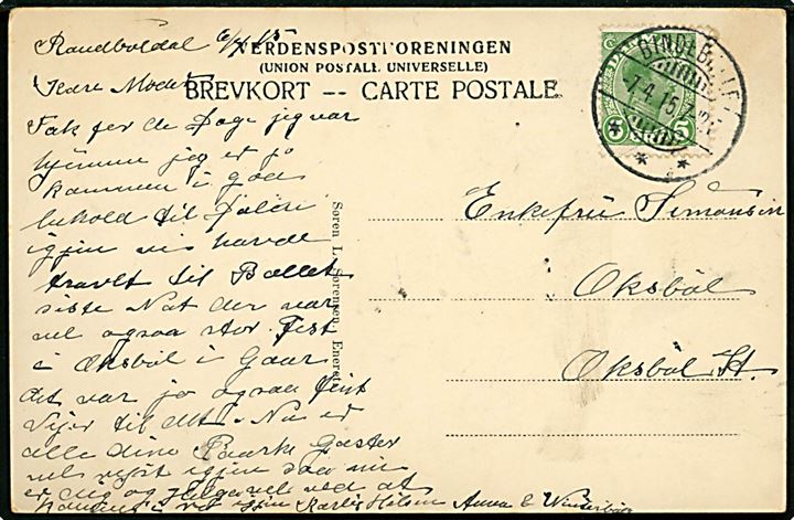 5 øre Chr. X på brevkort (Randbøldal, udsigt fra Lauras Bænk) annulleret med brotype Ia Bindeballe d. 7.4.1915 til Oxbøl.