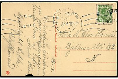 5 øre Soldatermærke kludetakket på lokalt brevkort i Kjøbenhavn d. 5.6.1918. Skade i kortets underkant.