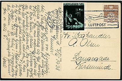 10 øre Bølgelinie og Hjemløses Vel mærkat på brevkort fra København d. 3.3.1938 til Kerteminde.