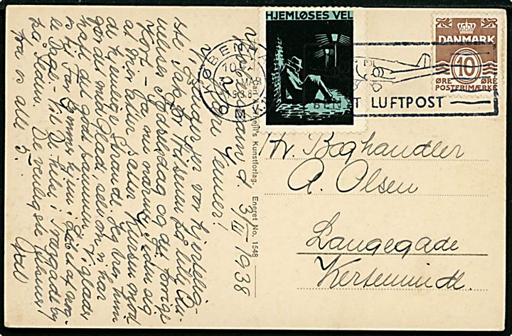 10 øre Bølgelinie og Hjemløses Vel mærkat på brevkort fra København d. 3.3.1938 til Kerteminde.