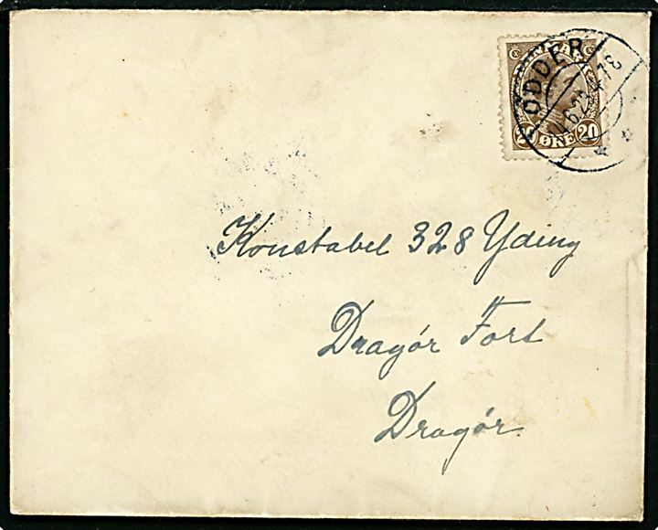 20 øre Chr. X på brev fra Odder d. 14.6.1923 til konstabel på Dragør Fort pr. Dragør.