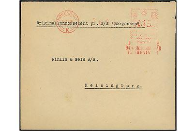 15 øre firmafranko fra DFDS i København d. 10.11.1936 på brev mærket Originalkonnossement pr. S/S Bergenhus til Helsingborg, Sverige.