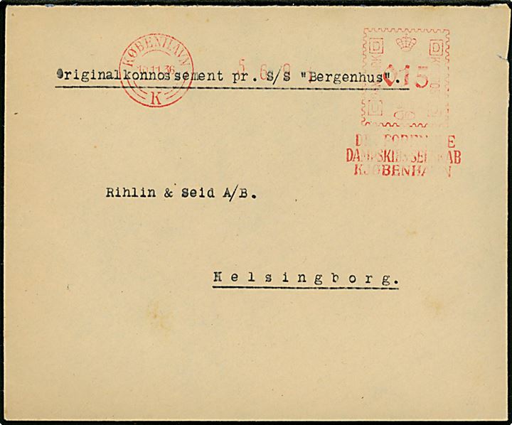 15 øre firmafranko fra DFDS i København d. 10.11.1936 på brev mærket Originalkonnossement pr. S/S Bergenhus til Helsingborg, Sverige.