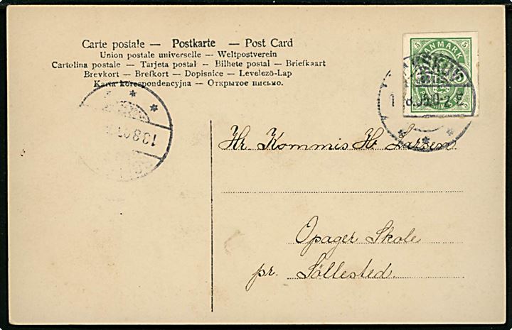 5 øre Våben helsagsafklip som frankering på brevkort fra Nakskov d. 1.8.1905 til Søllested.