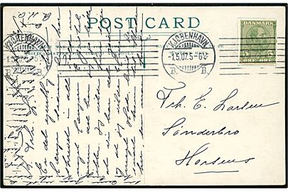 5 øre Chr. IX helsagsafklip som frankering på brevkort fra Kjøbenhavn d. 1.5.1907 til Horsens. 