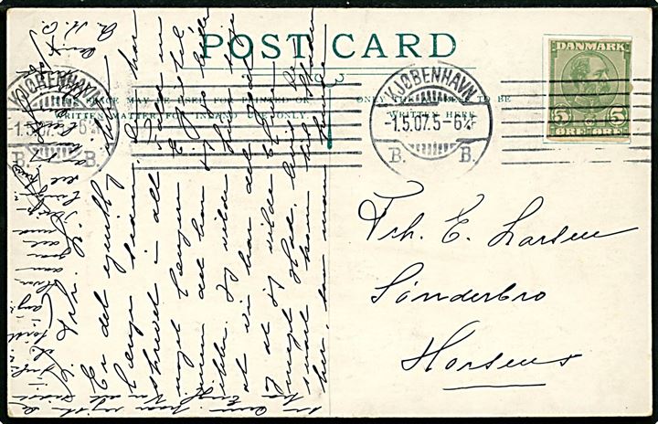 5 øre Chr. IX helsagsafklip som frankering på brevkort fra Kjøbenhavn d. 1.5.1907 til Horsens. 