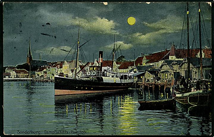 Ufrankeret feltpostkort (Sønderborg havn med dampskib i månelys) stemplet Sonderburg **C d. 23.1.1915 til Burg.
