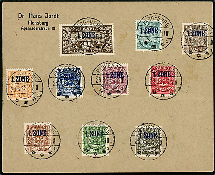 1 øre - 1 kr. 1. Zone udg. på filatelistisk brev annulleret med brotype IIb Paddeborg sn1 d. 28.6.1920 til Flensburg.