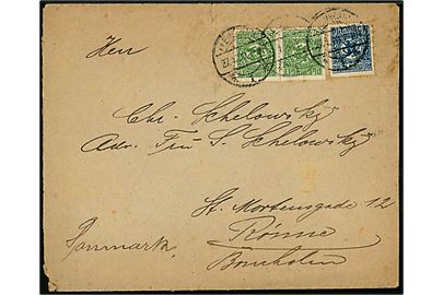 5 pfg. (par) og 20 pfg. Fælles udg. på brev fra Flensburg d. 27.1.1920 til Rønne på Bornholm.