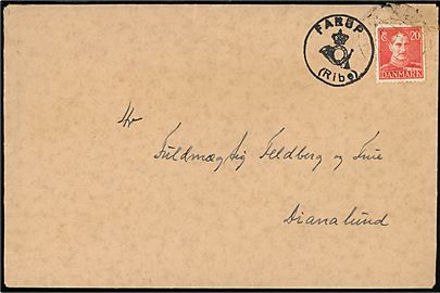 20 øre Chr. X på brev annulleret med svagt bureaustempel Bramminge - Tønder 1946 og sidestemplet med posthornstempel FARUP (Ribe) til Dianalund.