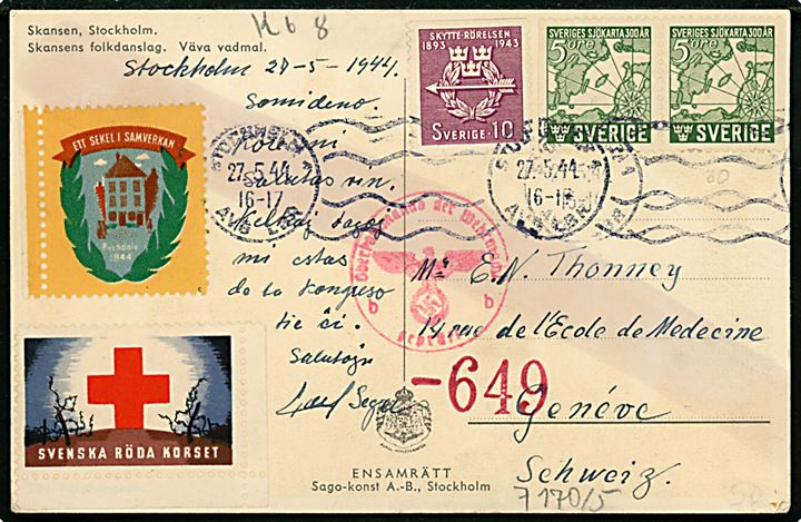 5 öre Sjökarta 300 år (par) og 10 öre Skytterörelsen på brevkort med forskellige mærkater fra Stockholm d. 27.5.1944 til Geneve, Schweiz. Tysk censur fra Berlin med spor efter kemisk kontrol.