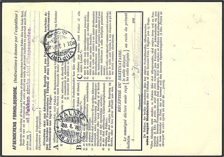 15 øre Karavel (3) og 2 kr. Chr. X på 2,45 kr. frankeret internationalt adressekort for pakke stemplet København 8 d. 27.1.1930 via Malmö og Turku til Wiipuri, Finland.