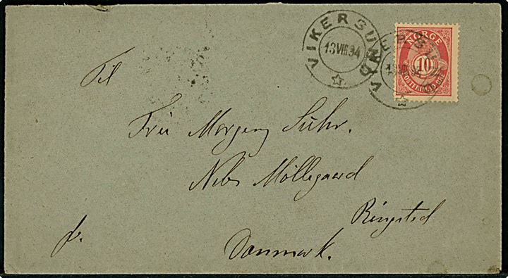 10 øre Posthorn på brev fra Vikersund d. 13.8.1894 til Nibs Møllegaard pr. Ringsted, Danmark.