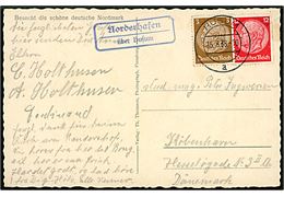 3 pfg. og 12 pfg. Hindenburg på brevkort (Nordstrand dæmning) fra Nordstrand annulleret Husum d. 15.8.1938 og sidestemplet med landpoststempel Nordenhafen über Husum til København, Danmark.