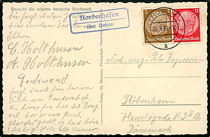 3 pfg. og 12 pfg. Hindenburg på brevkort (Nordstrand dæmning) fra Nordstrand annulleret Husum d. 15.8.1938 og sidestemplet med landpoststempel Nordenhafen über Husum til København, Danmark.