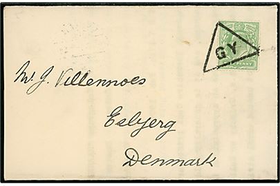 ½d Edward VII på markedsberetning fra Grimsby d. 17.2.1909 sendt som tryksag og annulleret med 3-kantet stempel GY (= Grimsby) til Esbjerg, Danmark. Ank.stemplet Esbjerg d. 19.2.1909 4. Omb.