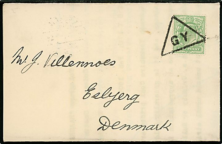 ½d Edward VII på markedsberetning fra Grimsby d. 17.2.1909 sendt som tryksag og annulleret med 3-kantet stempel GY (= Grimsby) til Esbjerg, Danmark. Ank.stemplet Esbjerg d. 19.2.1909 4. Omb.