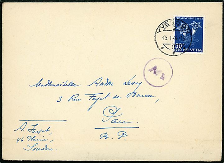 30+10 c. Pro Juventute 1943 på brev fra Yverdon d. 15.1.1944 til Pau, Franbkrig. Åbnet af tysk censur i Paris med neutral banderole og stempel A.x..