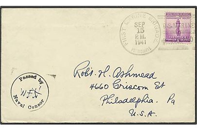 Amerikansk 3 cents på brev stemplet First Marine Brigade Provisional / U.S.Marines Iceland d. 15.9.1941 til Philadelphia, USA. Flådecensur: Passed by Naval Censor. Fuldt indhold.
