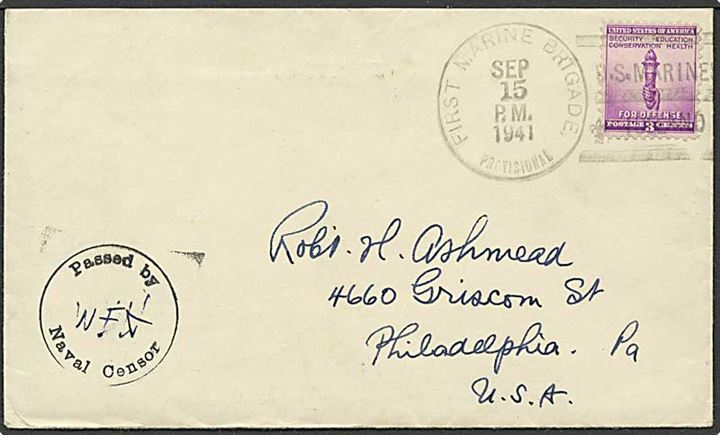 Amerikansk 3 cents på brev stemplet First Marine Brigade Provisional / U.S.Marines Iceland d. 15.9.1941 til Philadelphia, USA. Flådecensur: Passed by Naval Censor. Fuldt indhold.