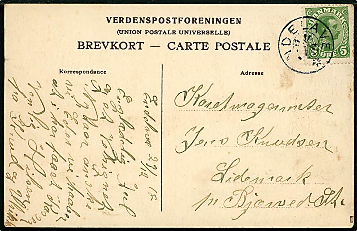 5 øre Chr. X på julekort dateret 23.12.1918 og annulleret med stjernestempel ENDELAVE til Lidemark. 