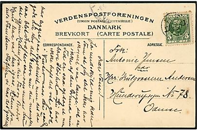 5 øre Fr. VIII på brevkort (Hesbjerg slot) annulleret med stjernestempel BRED og sidestemplet med yderligt placeret bureaustempel Nyborg - Vamdrup d. 8.5.190? til Odense.