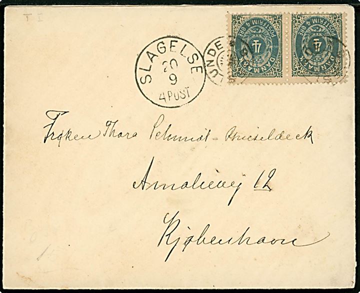 4 øre Tofarvet i parstykke på brev annulleret med stjernestempel BOESLUNDE (Type I) og sidestemplet lapidar Slagelse d. 20.9.1889 til Kjøbenhavn.