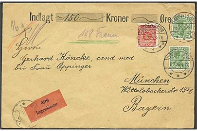25 øre Chr. X (2) og 20 øre Frimærkejubilæum på værdibrev annulleret med brotype IIb Løgumkloster sn2 d. 3.7.1925 til München, Tyskland.
