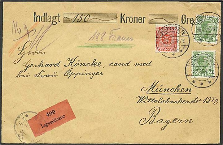 25 øre Chr. X (2) og 20 øre Frimærkejubilæum på værdibrev annulleret med brotype IIb Løgumkloster sn2 d. 3.7.1925 til München, Tyskland.