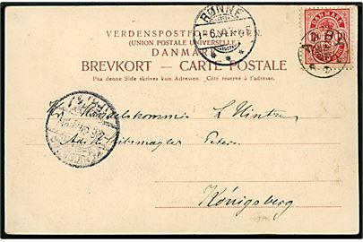 10 øre Våben på brevkort (Klippeparti ved Rø) annulleret med stjernestempel AABY og sidestemplet Rønne d. 1.6.1904 til Königsberg, Tyskland.