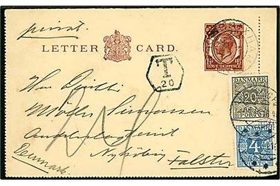 Britisk 1½ George V helsags korrespondancekort sendt underfrankeret fra Brixham d. 30.8.1934 til Nykøbing Falster, Danmark. Udtakseret i porto med bogtryk 4 øre og stålstik 20 øre Portomærke stemplet Nykøbing Fl. d. 1.9.1934.