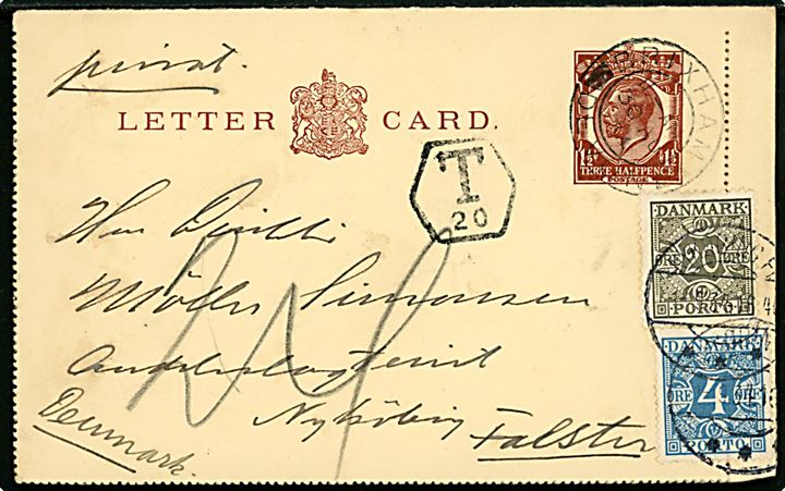 Britisk 1½ George V helsags korrespondancekort sendt underfrankeret fra Brixham d. 30.8.1934 til Nykøbing Falster, Danmark. Udtakseret i porto med bogtryk 4 øre og stålstik 20 øre Portomærke stemplet Nykøbing Fl. d. 1.9.1934.